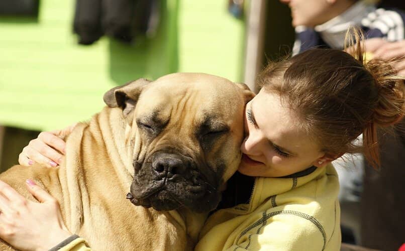 mujer abrazando a perro grande